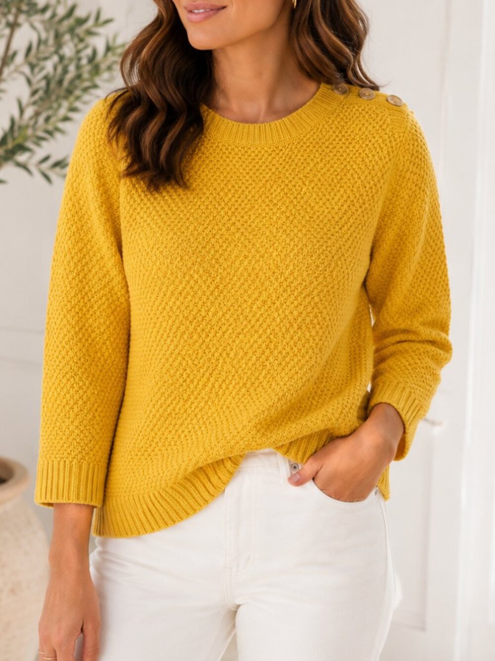 Boden Textured Stitch Button Shoulder Sweater Yellow Cotton Small